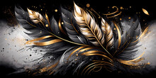Luxury Art Wallpaper With Black And Golden Feathers With Dark Background Hand Drawn Watercolor Style. Modern Art For, Print, Interior Design, Wallpaper, Cover, Packaging, Invitations, Canvas.