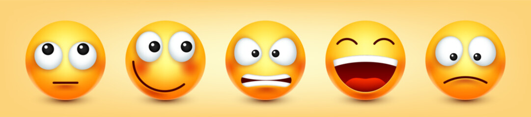cartoon emoji, emoticons collection. yellow face with emotions, mood. facial expression, realistic e