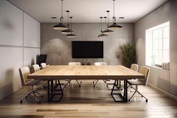 Canvas Print - Conference table in a meeting space with a simple gray wall and wooden floor. Generative AI