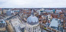 Aerial Panorama Of Nottingham Center, Old Market Square, Winter's Ordinary Day. High Quality Photo