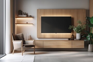 Poster - a contemporary living area with a TV, cupboard, and chair against a cream colored wall. Generative AI