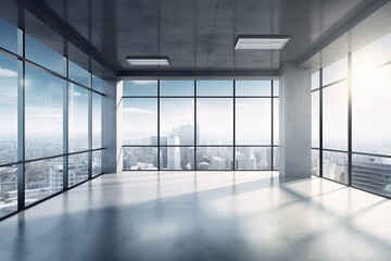Wall Mural - A vacant office has a large window. the city. fresh workplace design idea. Generative AI