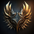 © Joyce - Gold wings made of metal, shield with metal wings with an intricate design, Metallic Knight armor in the shape of wings, Generative AI
