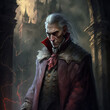 © alexkoral - old vampire Count Dracula in red cloak in castle. Generative AI illustration