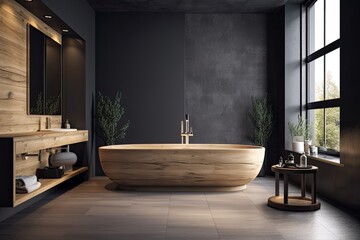Poster - bathroom with a rectangle bathtub, a wooden sink, and a dark gray wall. mock up of a pleasant home c