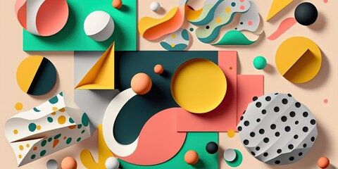 Wall Mural - flatlay of abstract patterns and shapes inspired by technology and digital design in bright and bold colors, concept of Graphic Design and Color Theory, created with Generative AI technology