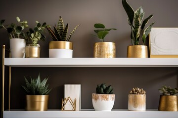 Poster - Golden potted plants on a shelf. Copy space. Generative AI