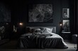 A mock up of a poster is next to the bed in a metal decoration in a dark, monochromatic bedroom. real picture. Generative AI