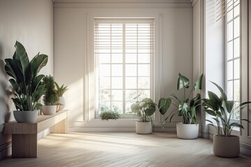 Wall Mural - Interior design of a contemporary empty room with potted plants in the corner near the windows. Generative AI