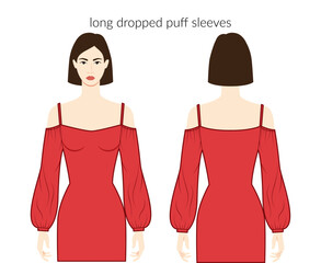Wall Mural - Dropped puff sleeves long length clothes character lady in red top, shirt, dress, technical fashion illustration with fitted body. Flat apparel template front, back sides. Women, men unisex CAD mockup