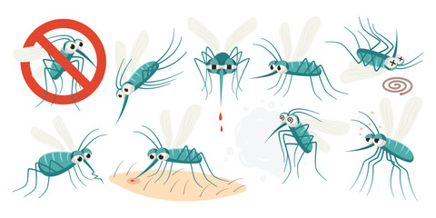 Mosquito characters flat illustrations set. Small flying insect, bites and sucks blood. Died bug