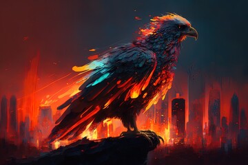 Poster - A Splash of Color Across the Skyline: A Fiery Blaze From a Benevolent Bird Generative AI