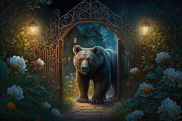 Wall Mural - bewitching gardens: journey to the lair of a witching bear generative ai