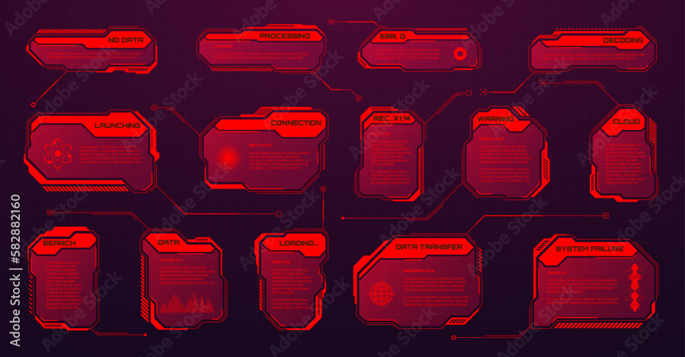 Red futuristic HUD or UI elements. Sci-fi user interface text boxes ...