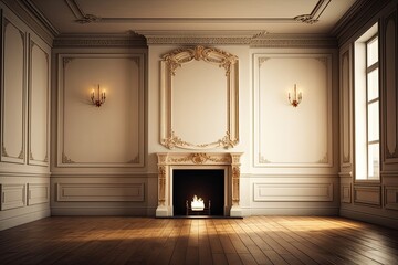 Wall Mural - A traditional empty beige interior with a fireplace, curtain, window, wall panels, and a wide photograph. Generative AI