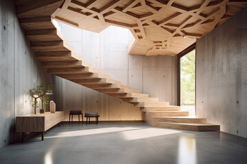 Interior of abstract free form geometric concrete with stairs, a wooden ceiling, and a mock up location on the wall. Conceptual space in architecture. Generative AI