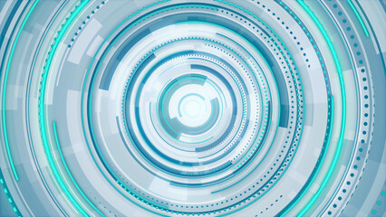 Poster - Circle white blue and green neon lines technology Hi-tech bright background. Abstract graphic digital future scifi concept design.
