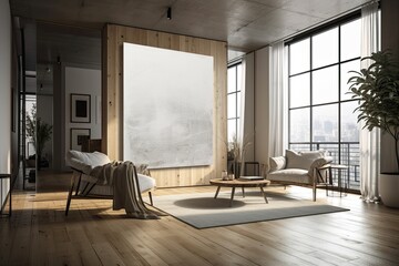 Wall Mural - In a contemporary living room with a wooden floor, a large white poster is on a glass wall. Generative AI
