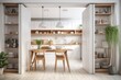 © AkuAku - Interior design, architect designer concept, blurred background. White folding door opening on country rustic wooden kitchen with dining table, shelves with appliances, and potted plants. Generative
