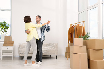 Sticker - Happy couple dancing in new apartment. Moving day