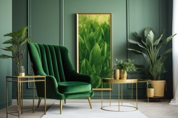 An empty gold frame hangs on the wall of a living room with fresh plants, a chair, and a green decor. Generative AI