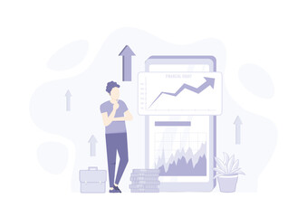 Poster - Financial illustration. Characters investing money in stock market. People examining financial graphs, charts and diagrams. Stock trading concept. Vector illustration.