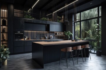 a contemporary black kitchen seen from the front. Generative AI