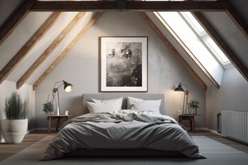 Canvas Print - Interior of an attic bedroom with a double bed, a gray cover, a vertically framed poster, and roof windows. an angle. a mockup. Generative AI