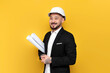 © Богдан Маліцький - asian foreman in black suit with papers and projects on yellow isolated background, korean civil engineer in hardhat