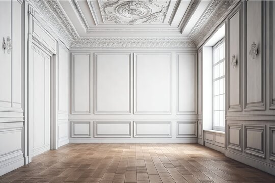 White, paneled walls in a classic, modern setting with a wooden floor. mock up for an illustration. Generative AI