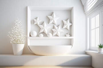 White table, desk or shelf with five soft white pillows in the shape of stars or flowers, over modern wooden bathroom with sink and bathtub, architecture interior design concept. Generative AI