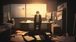 © Hero Design - Unhappy young businessman at office room. Overwork mental health. Anime cartoon style drawing. Generative AI technology.