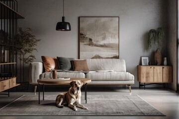 Wall Mural - A contemporary living room interior featuring a wooden console, a chaise sofa, a lamp, a mock up map, decorations, and attractive personal items. Generative AI