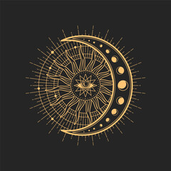 magic tarot occult esoteric sign with egyptian all-seeing eye in star with crescent moon and radiant