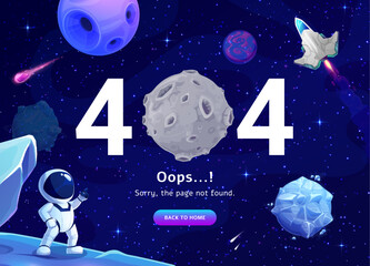 Leinwandbilder - Space page 404, error for web resource not found with shuttle in outer Universe, astronaut and moon. Operation system maintenance, update or connection problem warning with cartoon cosmos and spaceman