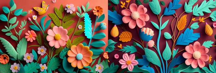 Poster - Spring flowers pattern made from colorful paper, collection