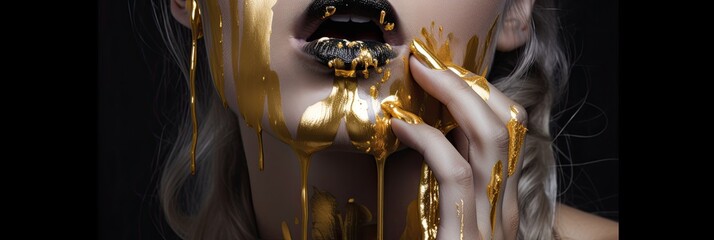 Wall Mural - Lipstick dripping. Paint drips, lipgloss dripping from lips, liquid Gold metallic paint drops on beautiful model silver girl's mouth, creative make-up. generative ai
