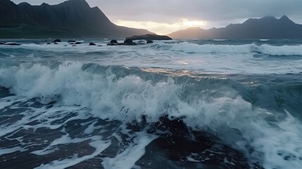 Poster - Movement of water on the shores of cold Norwegian Sea at evening time. Lofoten islands. Beautiful Norway landscape. generative ai