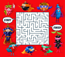 Poster - Labyrinth maze game cartoon superhero berry characters. Kids vector worksheet quiz with raspberry, black currant, cloudberry and honeyberry. Birds cherry, cranberry, blueberry, strawberry and grape