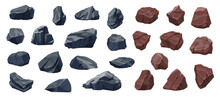Cartoon Rock Stones And Boulders. Rubble, Gravel, Cobble Vector Set. Mountain Natural Elements, Geological Materials, Rocky Pieces Different Shapes Isolated Black And Brown Lumps, Landscaping Objects