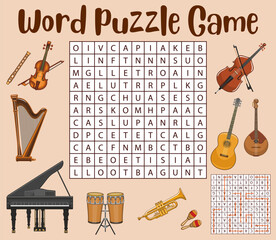 Aufkleber - Isolated musical instruments. Word search puzzle game worksheet. Kids quiz, vector word riddle with classic acoustic flute, violin and harp, piano, drum and trumpet, maracas, guitar and cello, bongos