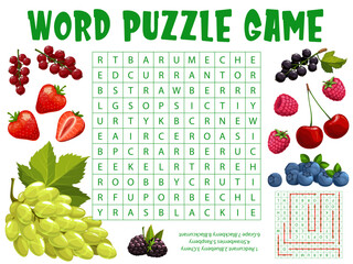 Aufkleber - Farm and garden berries. Word search puzzle game worksheet. Kids quiz grid, educational game or riddle, vocabulary quiz with redcurrant, blueberry and cherry, strawberry, raspberry and blackberry