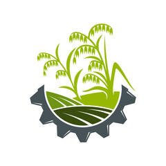 Poster - Agriculture icon. Field of rice and wheel. Farming business, agriculture company or natural food production vector icon, agronomy technology emblem or symbol with rice plant in field, cog wheel