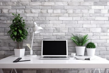 Poster - a blank workspace with a laptop and a plant against a stone wall. concept of working from home. Generative AI