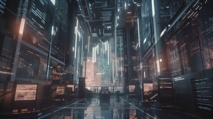 Poster - Business stock market company building interior background. Generative AI technology.	