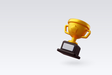 3d vector golden trophy cup with star, premium quality guarantee label, victory game champion.