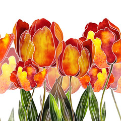 Sticker - Tulips with paint fills and lines - digital and watercolour artwork, mixed media vintage seamless tile border. Endless rapport for packaging, textile, decoupage, wall-art.