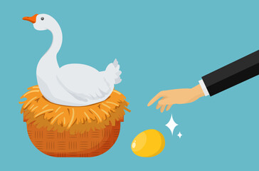 hand stealing a golden egg from a white goose