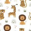 Cute cartoon nursery print. Vector safari print for wall decor in children's bedroom. Cute African animals characters - giraffe, lion, leopard - seamless pattern