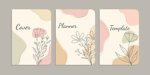 Wall Mural - set of beautiful book cover designs with hand drawn floral decorations. aesthetic botanical abstract background. size A4 For notebooks, diaries, planners, brochures, books, catalogs
